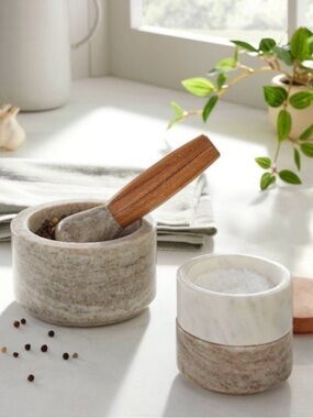 Hearth & Hand Magnolia 3pc Marble Stacking Salt & Pepper Cellar Acacia Farmhouse